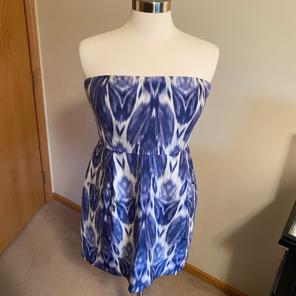 J. Crew Collection Strapless Dress Silk Ikat Watercolor Abstract Y2K Blue 10 - Picture 3 of 12